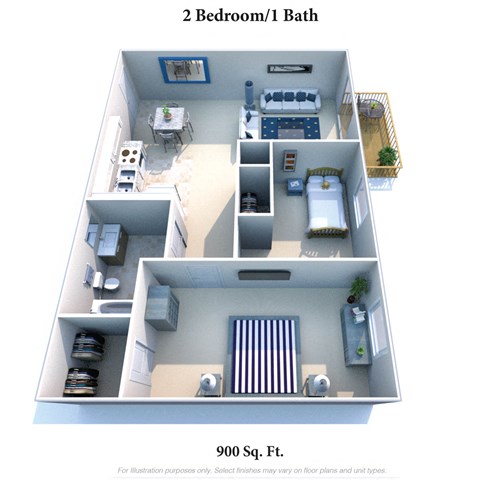 Floor plan for 2 beds, 1 bath, 900 sqft